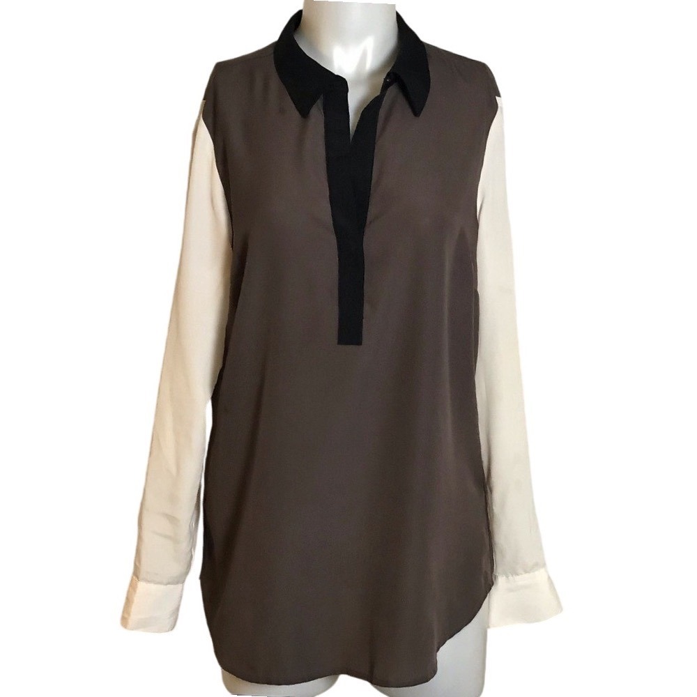 ANN TAYLOR GREY BLACK & WHITE‎ COLOR BLOCK SHIRT
